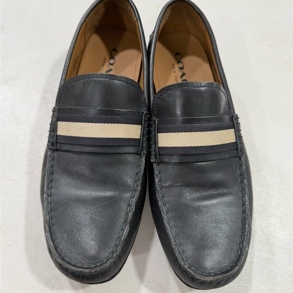 Coach Navy Leather Loafers with Cream Stripe Size 9 Men